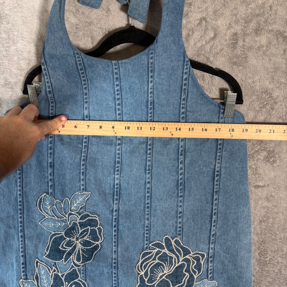 Maeve Anthropologie Blue Denim Halter Dress Floral Embroidered Smocked XL Boho - Picture 15 of 16